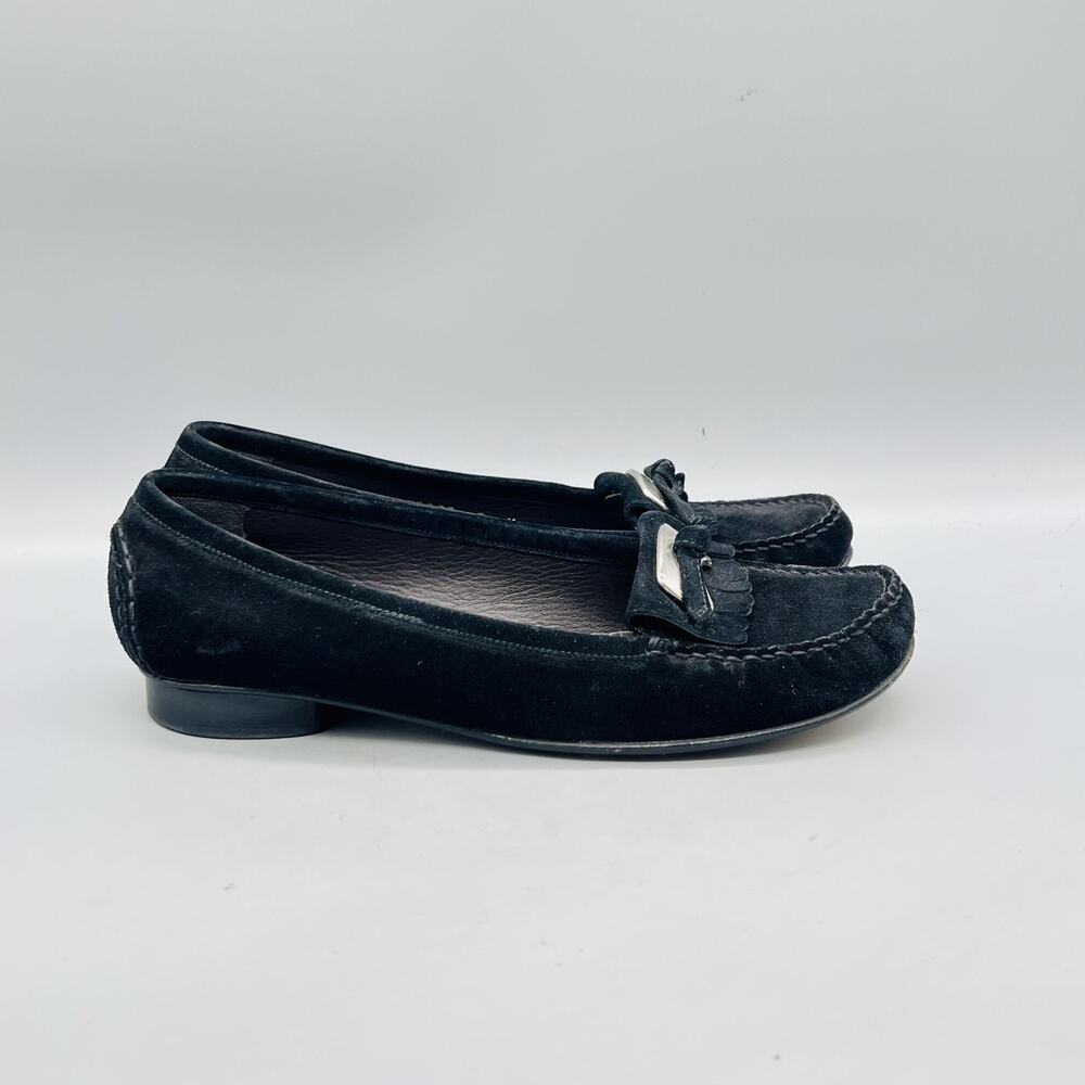 Stuart Weitzman Shoes Womens 7 Black Suede Moccasin Fringe Flats Slip On Classic